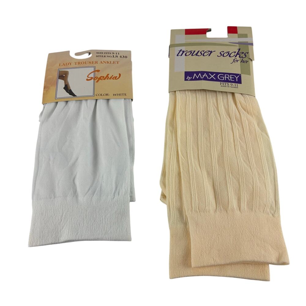 Vintage Dead Stock Ladies Trouser Socks Anklet Sophia Max Grey 9-11 White Cream